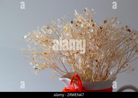Stylish modern dried flower arrangement in a vase with a red bow, gift for Anniversary, birthday, mothers day. Stock Photo