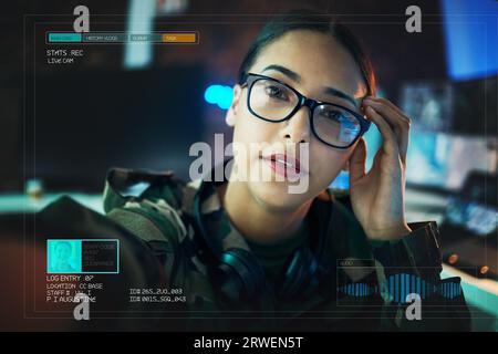 Record, military and portrait of woman on camera for surveillance, tracking operation and army. Security, government worker and soldier with live Stock Photo