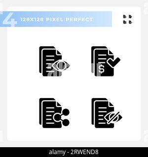 Pixel perfect glyph style document icons set Stock Vector