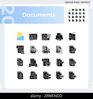 2D pixel perfect glyph style document icons set Stock Vector