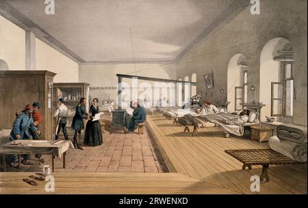 Crimean War. Florence Nightingale examines a ward in the military hospital in Scutari. Colored lithograph, circa 1856, Historic, digitally restored reproduction from a 19th century original. Stock Photo