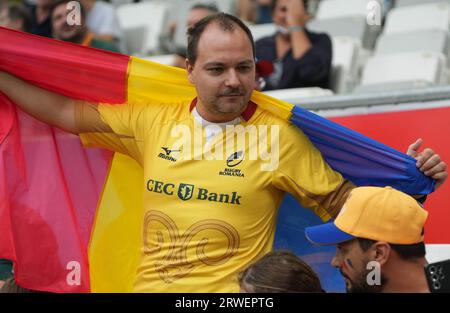 Bordeaux, France. 17th Sep, 2023. Supporter Roumania during the World Cup 2023, Pool B rugby union match between SOUTH AFRICA and ROUMANIA on September 17, 2023 at Matmut Atlantique in Bordeaux, France - Photo Laurent Lairys/DPPI Credit: DPPI Media/Alamy Live News Stock Photo