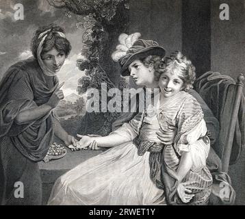 A fortune teller reads the hand of a woman with a little girl on her lap, 1786, England, Historic, digitally restored reproduct Stock Photo