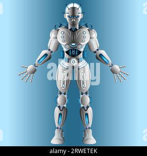Front view of full body robot standing with arms and hands spread. Stock Vector