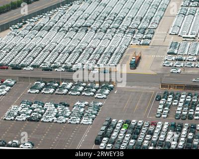 Aerial view of New car lined up in the port for import export around the world. Stock Photo