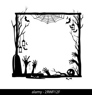 Halloween holiday black frame. Isolated vector eerie square decorative border featuring a spooky cemetery tomb, haunting zombie hands, bats, skull, cobweb and lanterns hanging on creepy tree branches Stock Vector