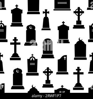 Gravestone and tombstone silhouettes seamless pattern of cemetery headstone or tomb stone, vector background. Cemetery or graveyard tombstones with RIP memorial and gothic cross for cemetery pattern Stock Vector