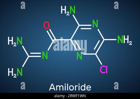 Amiloride molecule. It is pyrizine compound used to treat hypertension, congestive heart failure. Structural chemical formula on the dark blue backgro Stock Vector