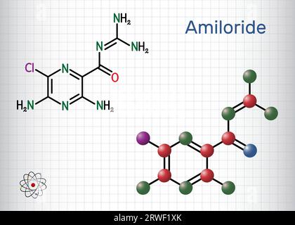 Amiloride molecule. It is pyrizine compound used to treat hypertension, congestive heart failure. Structural chemical formula, molecule model. Sheet o Stock Vector