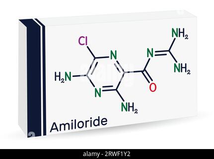 Amiloride molecule. It is pyrizine compound used to treat hypertension, congestive heart failure. Skeletal chemical formula. Paper packaging for drugs Stock Vector