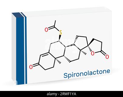 Spironolactone molecule. It is aldosterone receptor antagonist used for the treatment of hypertension, hyperaldosteronism, edema. Skeletal chemical fo Stock Vector