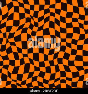 Psychedelic Halloween seamless pattern, optical wavy background or vector curvy backdrop. Halloween horror night holiday optical illusion background of checkered black and orange mosaic pattern Stock Vector