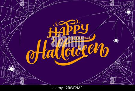 Halloween cobweb with spiders vector frame border of spooky night holiday card. Trick or treat Halloween party banner with creepy cobweb corners, white silhouettes of spider insects and web threads Stock Vector