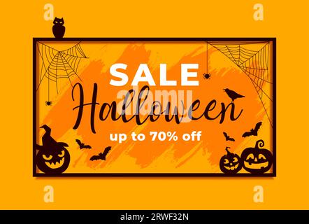 Halloween holiday grunge banner of trick or treat holiday sale. Discount special offer vector card with horror pumpkins, bats and spiders, black cat and crow silhouettes in square frame with cobweb Stock Vector