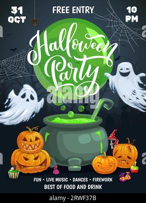 Halloween holiday party, cartoon ghosts and pumpkins near potion pot. Trick or treat night party vector poster of spooky ghosts characters, witch cauldron on cemetery with lanterns, candies, spider Stock Vector