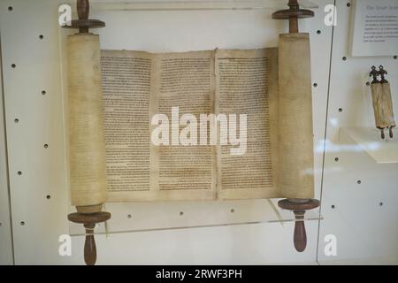 Budapest, Hungary - August 21, 2023. Torah scroll in the museum at the Great Synagogue on Dohany Street. Stock Photo