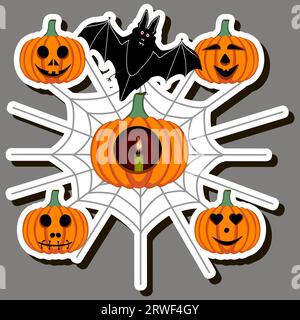 Illustration on theme sticker for celebration fun holiday Halloween with orange pumpkins Stock Vector