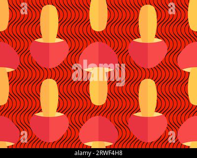 Seamless pattern with mushrooms on a red background with black wavy stripes. Hallucinogenic mushrooms, psychedelic background. Design for posters, ban Stock Vector