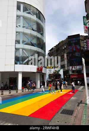 Rainbow crosswalk, Ximending district, Taipei, Taiwan Stock Photo