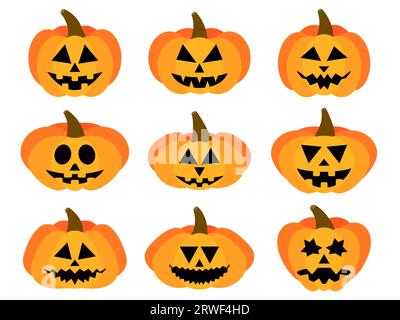Halloween pumpkins set on white background. Halloween carved pumpkin face. Happy Halloween October 31st, trick or treat. Jack-o-lantern. Design for pr Stock Vector