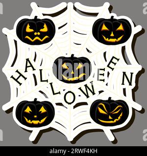 Illustration on theme sticker for celebration fun holiday Halloween with orange pumpkins Stock Vector