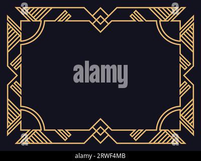 Art deco frame. Vintage linear border in gold color on a black background. Design a template for invitations, leaflets and greeting cards. The style o Stock Vector