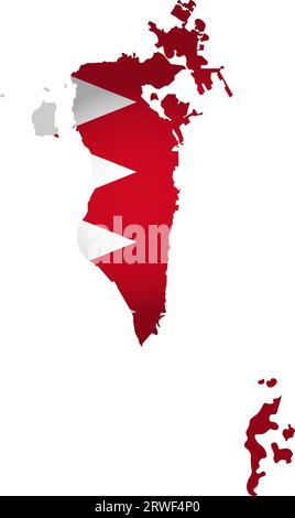 Illustration with national flag with simplified  shape of Bahrain map (jpg). Volume shadow on the map Stock Vector