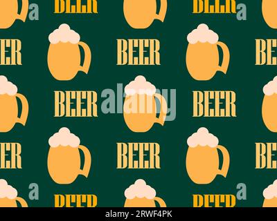 Beer mug seamless pattern. Glass of foamy light beer and text on a dark green background. Alcohol party. Design for prints, banners, wallpapers and pr Stock Vector