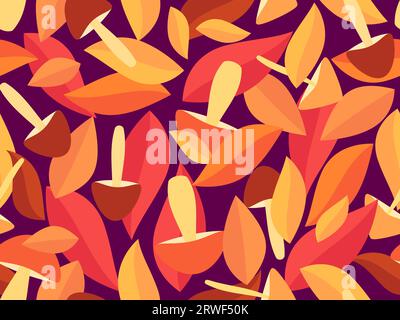Mushrooms with autumn leaves seamless pattern. Autumn background with different mushrooms and leaves in red shades. Design for wallpaper, print, typog Stock Vector