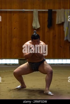 Sumo wrestler training in Tatsunami Beya sumo stable, Kanto region, Tokyo, Japan Stock Photo