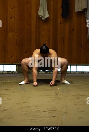 Sumo wrestler training in Tatsunami Beya sumo stable, Kanto region, Tokyo, Japan Stock Photo