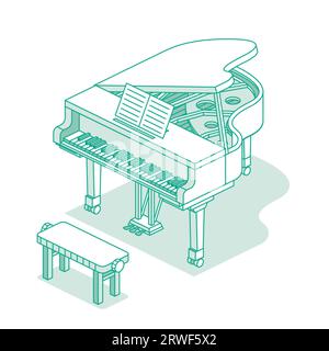 Isometric open grand piano. Vector illustration. Music object isolated on white background. Outline icon. Stock Vector