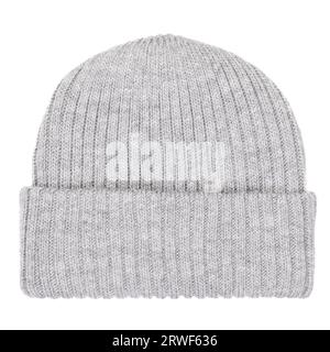 Gray knitted winter bobble hat of traditional design isolated on white background Stock Photo