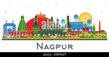 Nagpur India City Skyline with Color Buildings isolated on white. Vector Illustration. Business Travel and Tourism Concept with Historic Architecture. Stock Vector