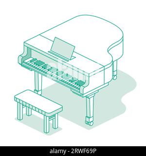 Isometric grand piano. Vector illustration. Music object isolated on white background. Outline icon. Stock Vector