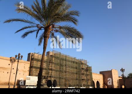 MARRAKECH, MOROCCO - FEBRUARY 21, 2022: Renovation of Bab Agnaou city gate leading to medina of Marrakech. The historic medina quarter of Marrakech is Stock Photo