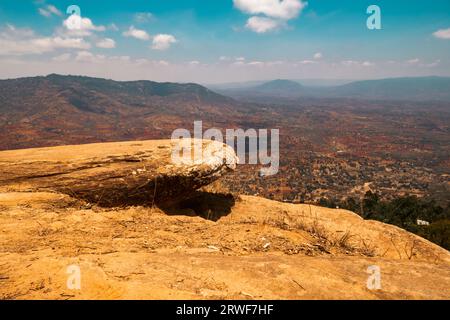 Aerial view of rural African Landscape with rock formations against valley and mountains in Makunei County, Kenya Stock Photo