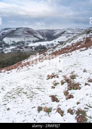 The Long Mynd in Shropshire viewed on a snowy morning from Ragleth Hill, Little Stretton, England, UK Stock Photo