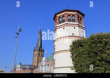 Skyline with St. Lambert Church and Old Castle Tower in Dusseldorf, Germany. Stock Photo