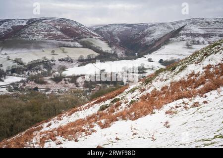 The Long Mynd in Shropshire viewed on a snowy morning from Ragleth Hill, Little Stretton, England, UK Stock Photo