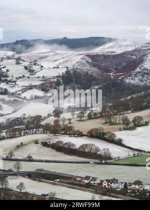 The Long Mynd in Shropshire viewed on a snowy morning from Ragleth Hill, Little Stretton, England, UK Stock Photo