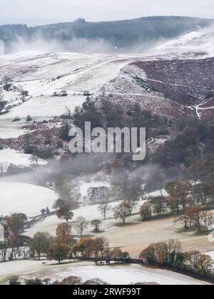 The Long Mynd in Shropshire viewed on a snowy morning from Ragleth Hill, Little Stretton, England, UK Stock Photo