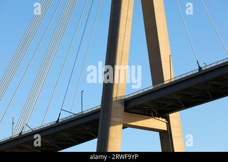 Cable stayed bridge pylon detail in Dubrovnik, Croatia. Road infrastructure of Croatia. Stock Photo