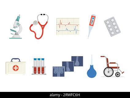 Collection of medical equipment clipart in flat design. Vector Illustration of medical items and tools Stock Vector
