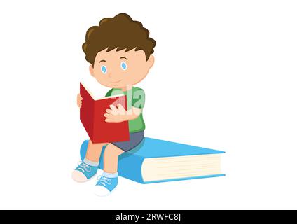 A little boy reading a book sitting on a big book vector illustration isolated on white background Stock Vector