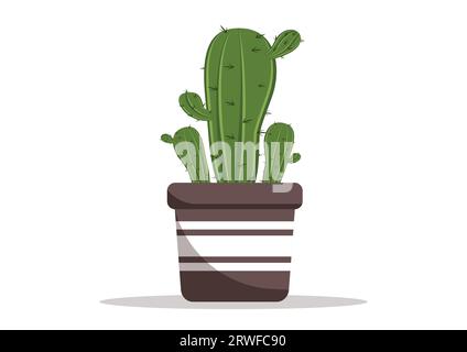 House Cactus in a Flower Pot Vector Flat Design. Indoor Cactus Isolated on White Background Stock Vector