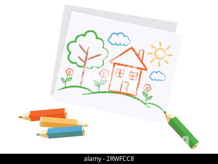 Children draw with chalk crayon vector illustration. Cartoon happy ...