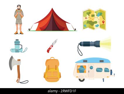 Set of hiking camping items and tools vector illustration Stock Vector