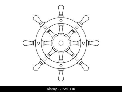 Coloring Page of Ship Steering Wheel in Flat Style Vector Illustration Isolated on White Background Stock Vector
