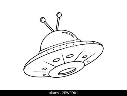 Black and White Cartoon Alien Ship Vector. Coloring Page of Alien Ship Stock Vector